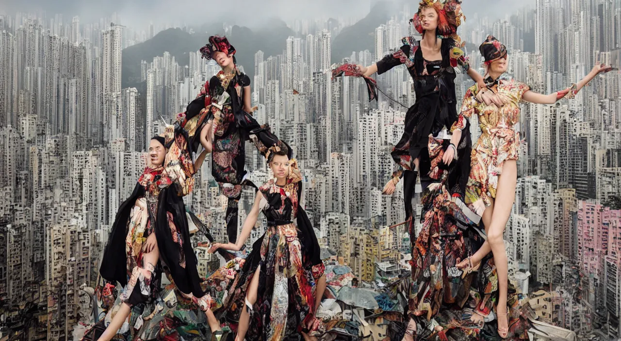 Prompt: fashion editorial portrait by jimmy nelson. on a roof in hong kong