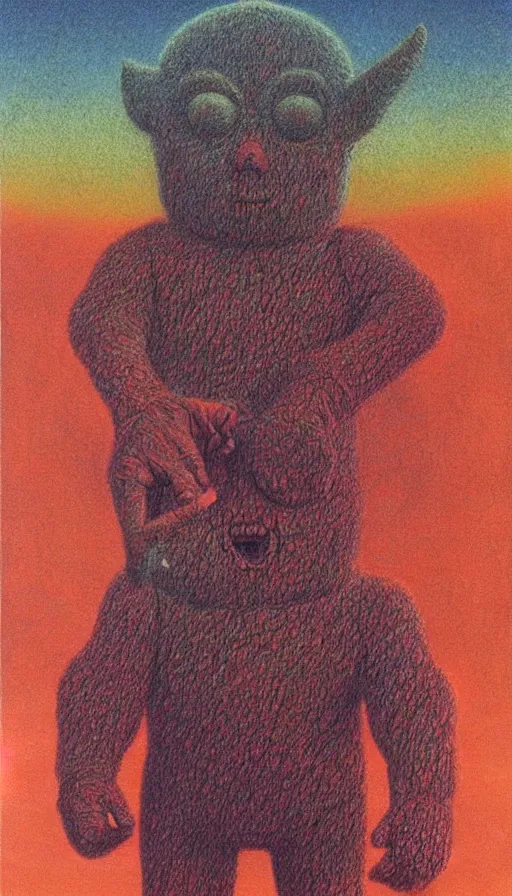 Image similar to giant occult teletubby by beksinski, colored pencil art, detailed, scary