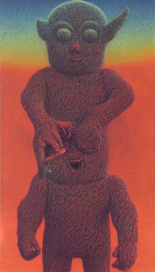 Prompt: giant occult teletubby by beksinski, colored pencil art, detailed, scary