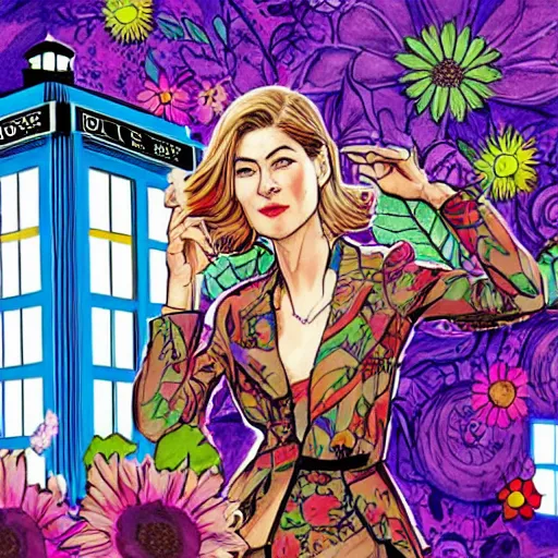 Image similar to rosamund pike with dark - hair as the doctor, wearing a colourful floral patterned suit, in the background is the tardis, bold complementary colours, 2 d matte, comic book art, art by michael choi and joe madureira,