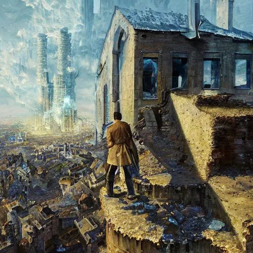 Image similar to Oil painting of a man overlooking town ruins, ashes, Landen Belgium watertower burning, D&D, Magic The Gathering, by Craig Mullins, intricate details, light rays from the surface, Nekro, Victo Ngai, centered, volumetric lighting