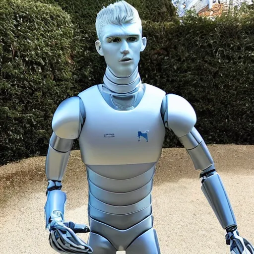 Image similar to a realistic detailed photo of a guy who is an attractive humanoid who is half robot and half humanoid, who is a male android, soccer player timo werner, shiny skin, posing like a statue, blank stare, by the pool, on display, showing off his muscles, humanoid robot, frozen ice statue, made of ice