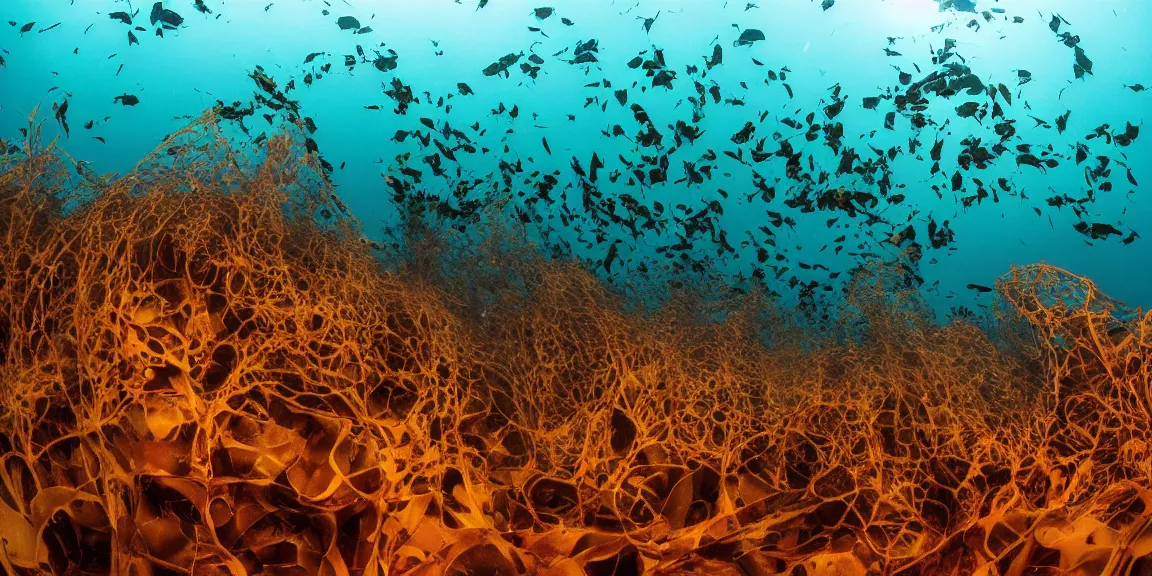 Image similar to Towering kelp forest off the coast of La Jolla Bay, giant kelp in large amounts standing upright, Garibaldi, California Sheephead, Sargo, Leopard sharks swimming in between the kelp. View from below, underwater photography. Afternoon glow, June 19th. Trending on Artstation, deviantart, worth1000. By Greg Rutkowski. National Geographic and iNaturalist HD photographs