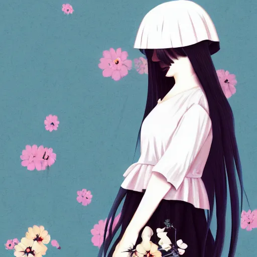 Image similar to little girl with flowers on her long black hair, dressed in a simple white dress, anime art style, digital artwork made by ilya kuvshinov, inspired in balthus