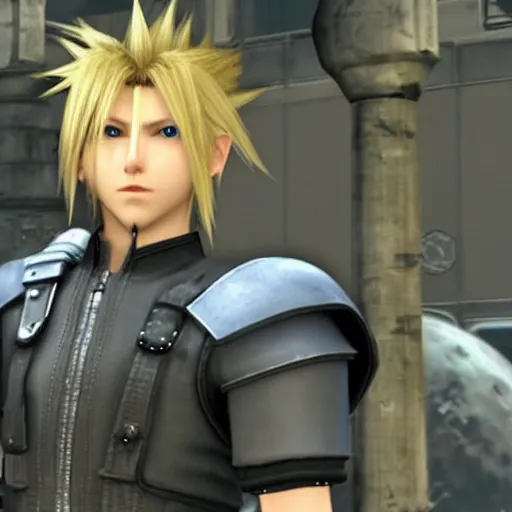 Image similar to Final Fantasy 7 pre-rendered cutscene starring Jesse Eisenberg as Cloud Strife