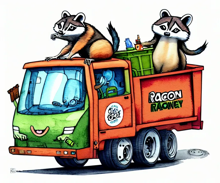 Image similar to cute and funny, racoon riding in a garbage truck, ratfink style by ed roth, centered award winning watercolor pen illustration, isometric illustration by chihiro iwasaki, edited by range murata, tiny details by artgerm and watercolor girl, symmetrically isometrically centered, sharply focused