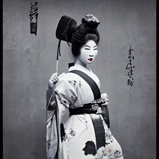 Prompt: geisha as a samurai, in battle, advertising photography