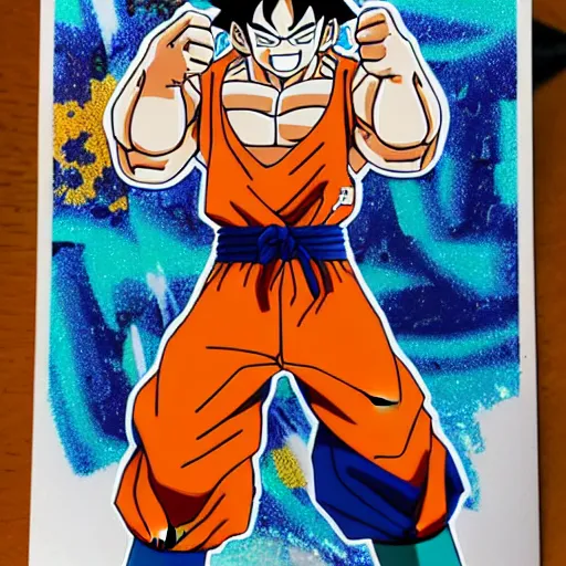 Image similar to die cut sticker, goku one piece style, splatter paint