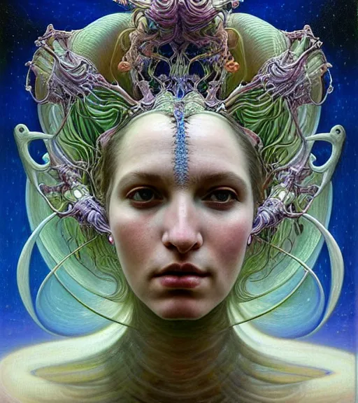 Prompt: detailed realistic beautiful young groovypunk queen of andromeda galaxy in full regal attire. face portrait. art nouveau, symbolist, visionary, baroque, giant fractal details. horizontal symmetry by zdzisław beksinski, iris van herpen!!!!!!, raymond swanland and alphonse mucha. highly detailed, hyper - real, beautiful