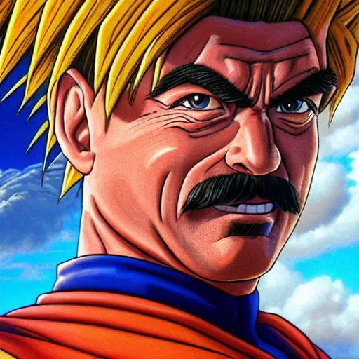 Image similar to ultra realistic portrait painting of tom selleck as goku, art by akira toriyama, 4 k, dragon ball artstyle, cel shaded, highly detailed, epic lighting