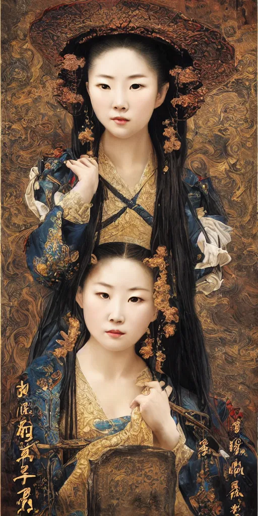 Image similar to Highly detailed and cinematic romantic period oil painting of the Chinese pirate queen Zheng Yi Sao, strong atmosphere, oil painting masterpiece by Josep Tapiró Baró, symmetry, fractals