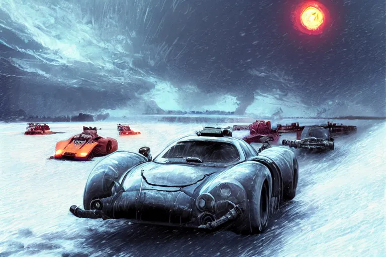 Prompt: dieselpunk mad max mclaren f 1 speeding across a frozen lake in a blizzard by makoto shinkai, ilya kuvshinov, lois van baarle, rossdraws, basquiat