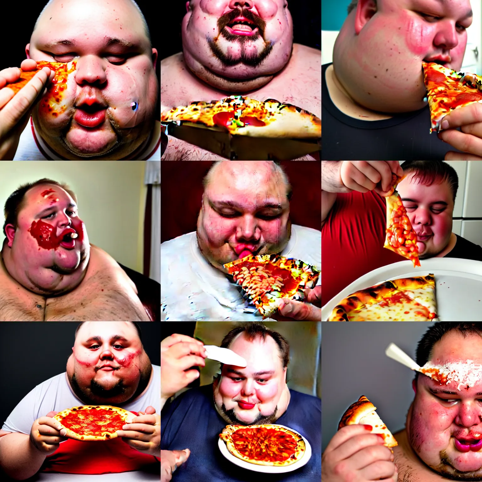 Prompt: a fat man smears pizza sauce on his face.