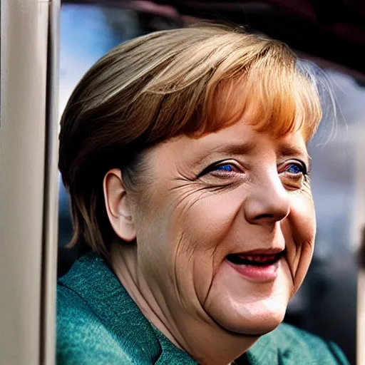 Image similar to Angela Merkel as a dirty truck driver, 35mm, photorealistic