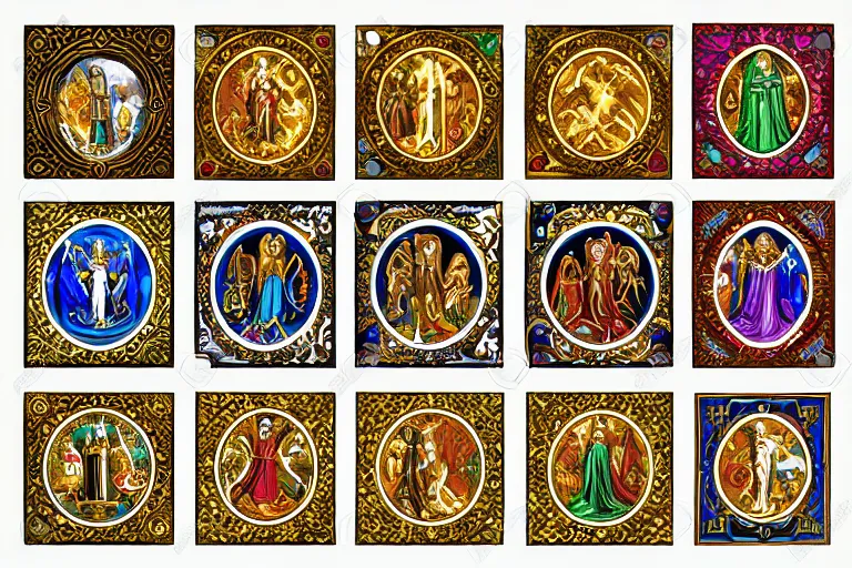 Prompt: illustration of design sheet of sets of various fantasy religion iconography mosaics with gemstones, prismatic colors, ornate gold patterns