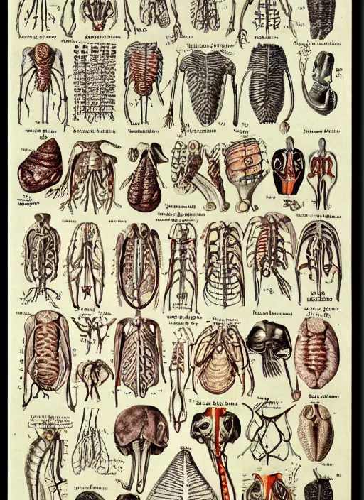 Image similar to vintage medical anatomical illustration of critters ( 1 9 8 6 ), highly detailed, labels, intricate writing