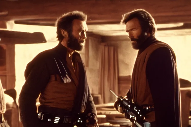 Prompt: film still of clint eastwood man with no name aiming a colt in new star wars, inside a tavern, 4 k