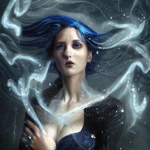 Image similar to masterpiece portrait of an aesthetic realistic mage woman, casting ice spell, 3 0 years old woman, black hair, wearing thin silver diadem with blue gems inlays, oil painting by joachim bergauer and magali villeneuve and wlop, atmospheric effects, chaotic fractal fog and sparks dynamics in the background, intricate, artstation, instagram, fantasy