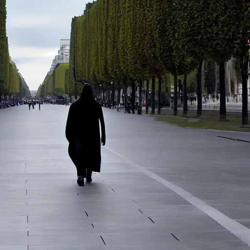 Prompt: Sith lord walking down the avenue des champs elysée, hyper-realistic, 8K HDR.