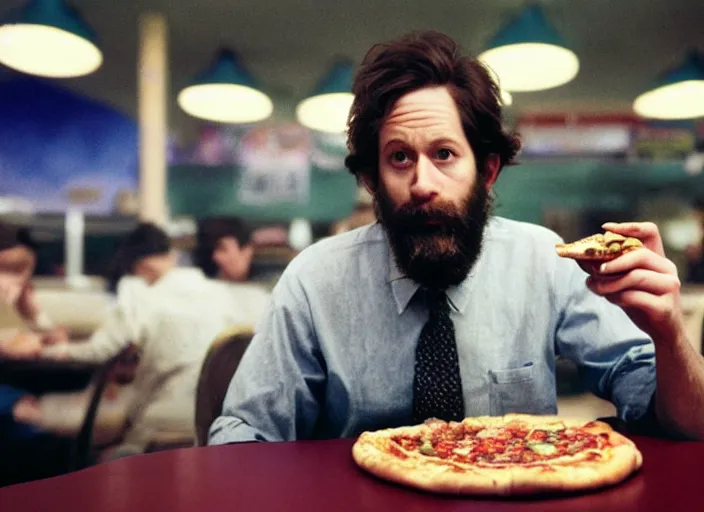 Image similar to cinematic detailed portrait of bearded charlie kaufman eating pizza at chuck - e - cheese, dramatic top down lighting, moody film still from being john malkovich ( 2 0 0 1 ), 3 5 mm kodak color stock, 2 4 mm lens, directed by spike jonze, ecktochrome