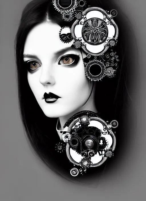 Image similar to black and white gothic masterpiece profile face portrait, one steampunk eye silver hexagonal meshes floral biomechanical beautiful young female cyborg - vampire, big monocular, volumetric light, hibiscus flowers, by hg giger, rim light, big gothic fashion pearl embroidered collar, 8 k