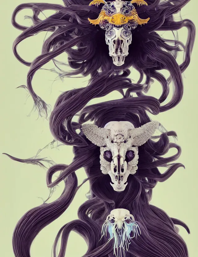 Image similar to 3 d goddess ram skull half - turn portrait with long hair with ram skull. beautiful intricately detailed japanese crow kitsune mask and clasical japanese kimono. betta fish, jellyfish phoenix, bio luminescent, plasma, ice, water, wind, creature, artwork by tooth wu and wlop and beeple and greg rutkowski