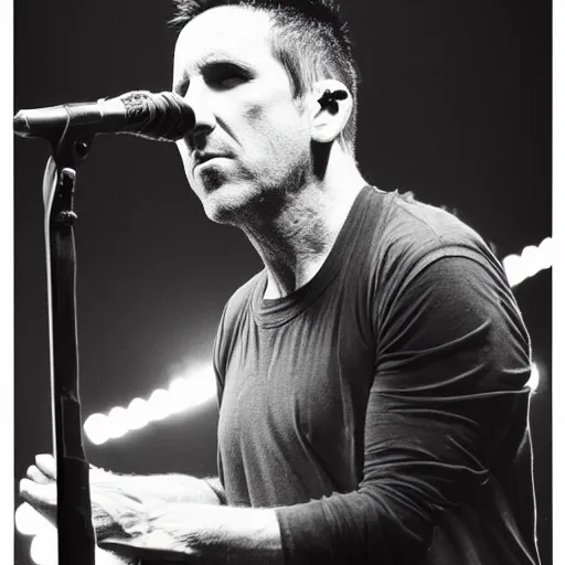 Prompt: Photo of Trent Reznor with an extremely long nose. Concert flash photography. Black and white photo.
