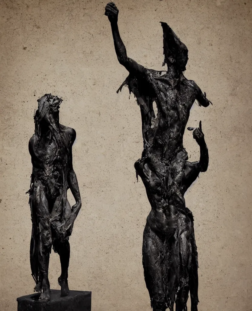 Image similar to an unholy black bronze sculpture standing in the center of a dimly lit and foggy ancient egyptian temple and abattoir, worshipped by skinless red-robed acolytes, art by Nicola Samori, artstation, realistic, academic light,