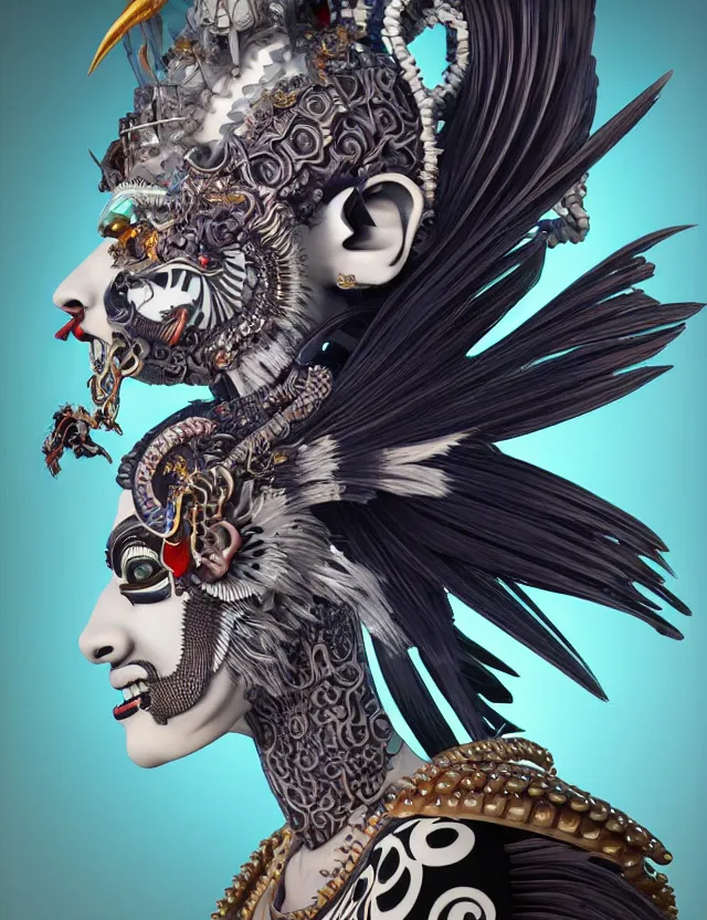 Image similar to 3 d goddess close - up profile portrait punk with mohawk with ram skull. beautiful intricately detailed japanese crow kitsune mask and clasical japanese kimono. betta fish, jellyfish phoenix, bio luminescent, plasma, ice, water, wind, creature, artwork by tooth wu and wlop and beeple and greg rutkowski