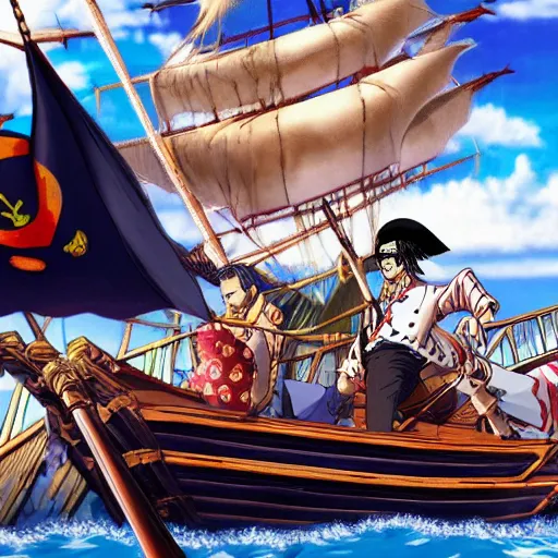 Prompt: emmanuel macron in a pirate boat, in One Piece Anime Series, 4k Resolution.