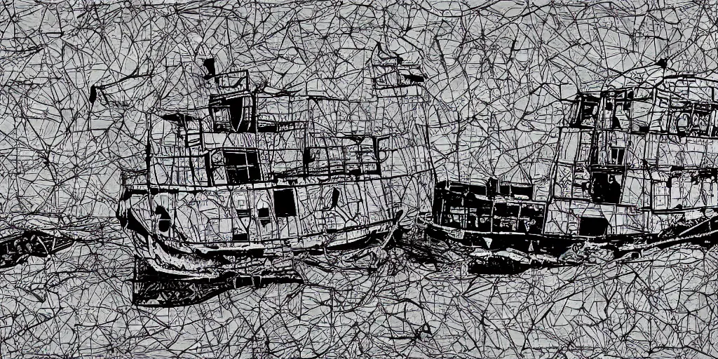 Image similar to an abandoned ship in the aral sea, in the style of daniel johnston and outsider art, 8 k, line brush, overlaid with chinese adverts