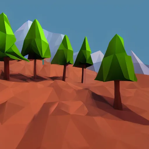 Image similar to a forest of 3d low poly trees with the mountains in the background, high quality, mobile game