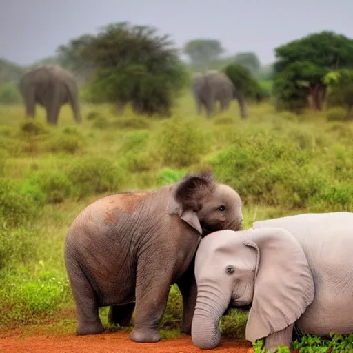 Prompt: photo of a calm baby Pomeranian and a sleeping elephant under the rain in a Zambian landscape