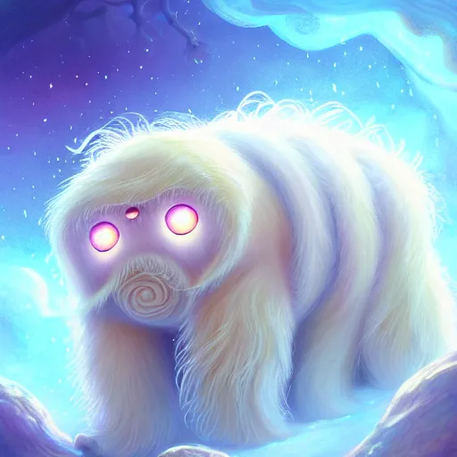Prompt: the beautiful androgynous young tardigrade sun god tardigrade, very very long fluffy curly blond hair, pale white skin, 1 5 0 4, by sakimichan and rossdraws, 4 k digital painting, artstation cgsociety