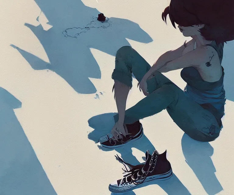 Prompt: the converse of the big, naturel, art style by atey ghailan, greg rutkowski, greg tocchini, james gilleard, joe gb fenton, in kaethe butcher, dynamic lighting, gradient light blue, brown, blonde cream and white color in scheme, grunge aesthetic