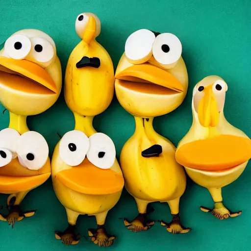 Image similar to professional photograph of banana ducks, peeled bananas with googly eyes and duck beaks