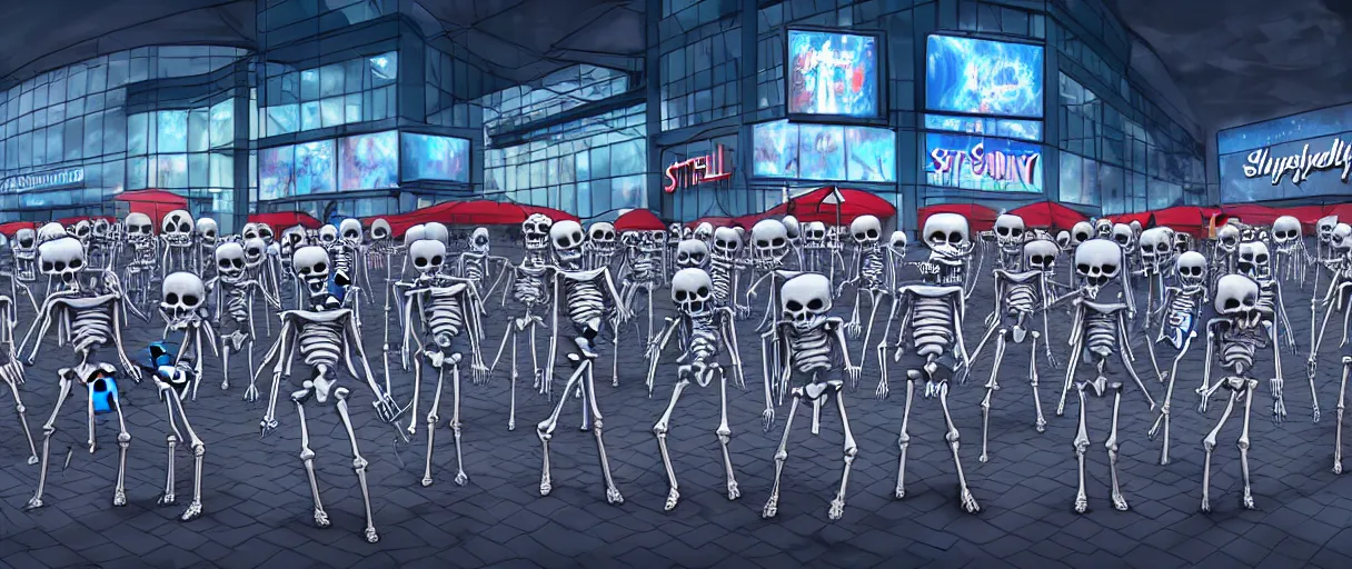 Image similar to hyperrealistic supercute skeleton army mall in background ute osterwald jason limon professional concept art dramatic blue lighting wide angle hd 8k sharp shallow depth of field