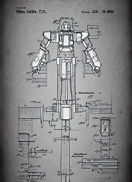 Prompt: battletech mech with axe for a hand cross - section blueprints by thomas hubert. in the style of a 1 9 0 3 patent design diagram