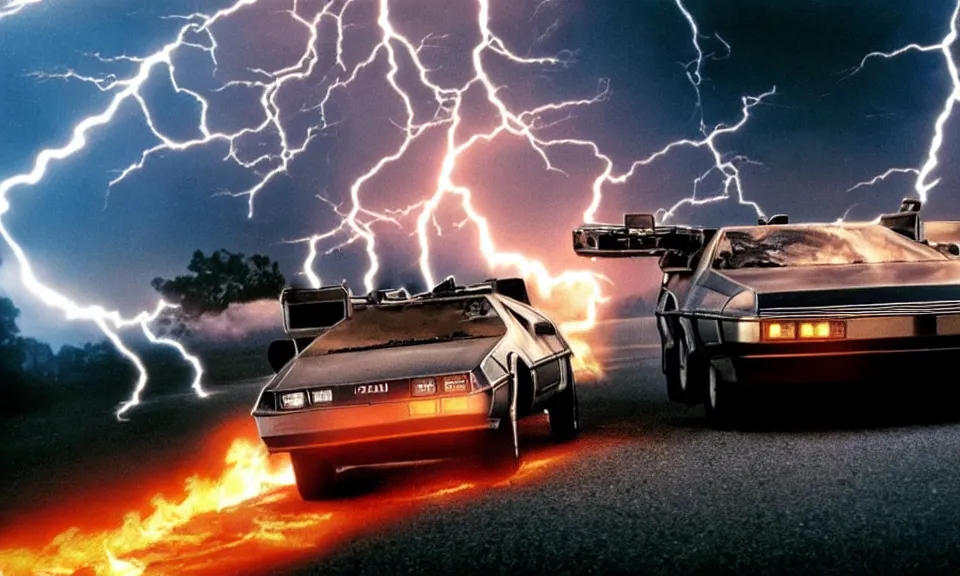 Image similar to scene from back to the future, delorean driving fast, lightning, fire, driving through portal, motion blur