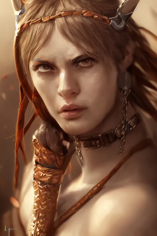 Image similar to portrait of a barbarian female, ultra sharp, very detailed, high quality focus by wlop