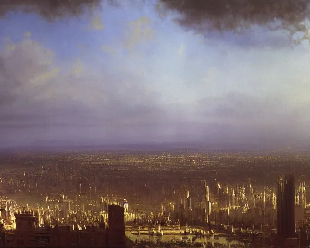 Image similar to albert bierstadt cityscape painting of london in fallout