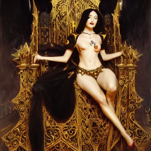 Image similar to perfectly centered portrait of attractive vampire queen in gold gothic robe sitting on a throne of black bones, painting by gaston bussiere, craig mullins, j. c. leyendecker, 8 k, mid shot