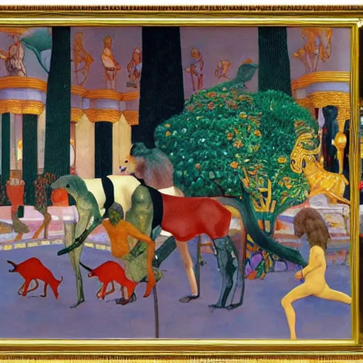 Prompt: a procession of animals in a giant temple, hyperrealistic film still by gottfried helnwein, by klimt, by paolo uccello, art nouveau, highly detailed, lights by edward hopper, liminal, eerie, metaphysical, bright pastel colors,