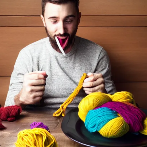 Prompt: a man eating yarn, with a dinner plate full of a muppet