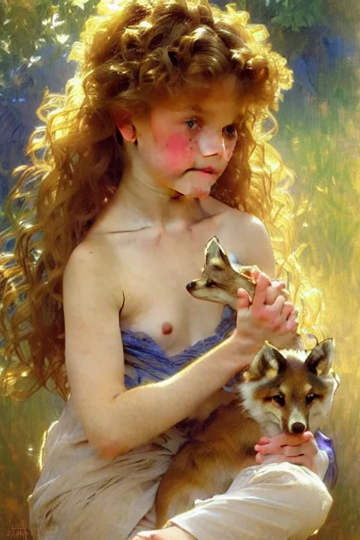 Image similar to a seven - year old with curly dirty blonde hair, blue eyes, tan skin playing with foxes, painting by daniel gerhartz, alphonse mucha, bouguereau, detailed art, artstation