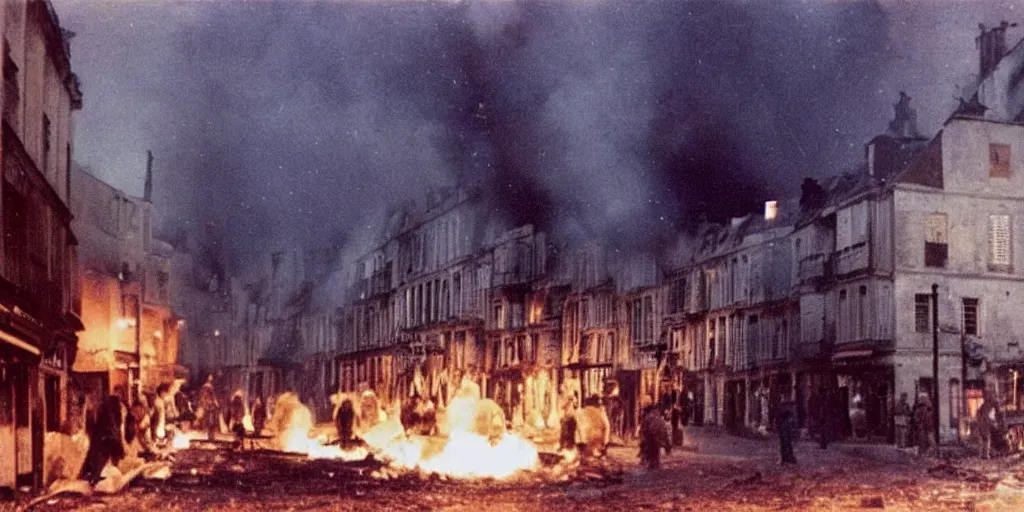 Prompt: a colour photo taken at night of saint - malo street on fire after a bombing in 1 9 4 5