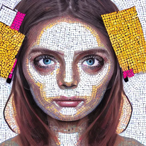 Image similar to portrait mosaic of a beautiful cute girl with robot ears and eyes, 4k, intricate details, digital, Emma Biggs