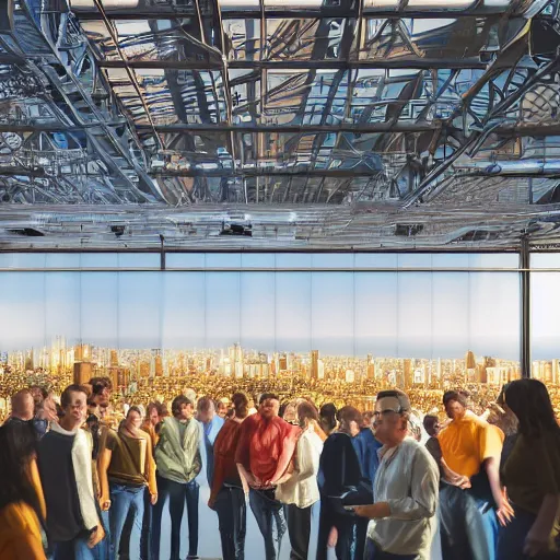 Image similar to large group people in open warehouse, looking at hologram of futuristic city on a table, cinematic still, godrays, golden hour, natural sunlight, 4 k, clear details, tabletop model buildings, tabletop model, ethereal hologram center, crane shot, crane shot, crane shot