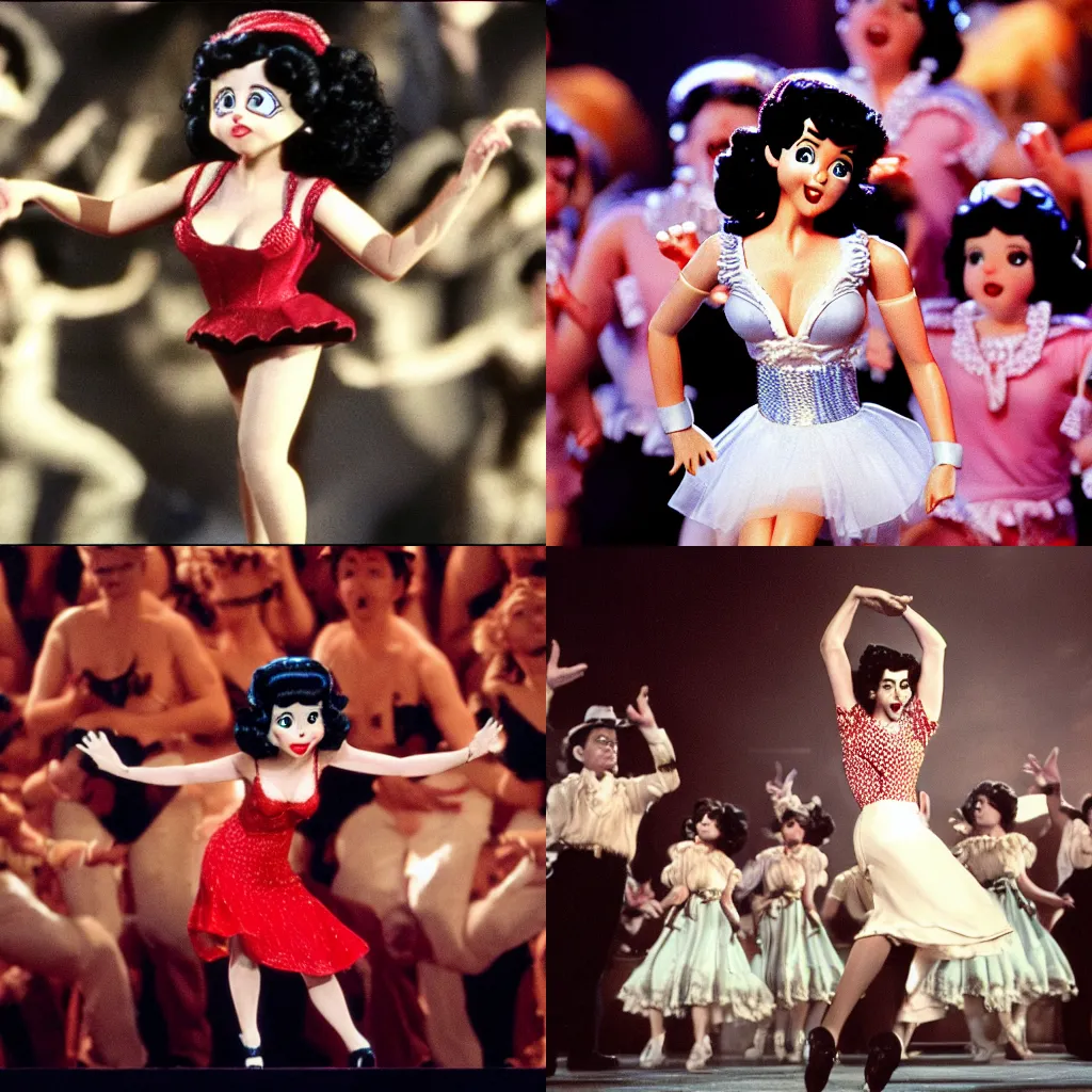 Prompt: scene from a biopic directed by spielberg with ( betty boop ) interpreted by jennifer connelly dancing in front of a large crowd. cinematic, highly intricate, 5 0 mm