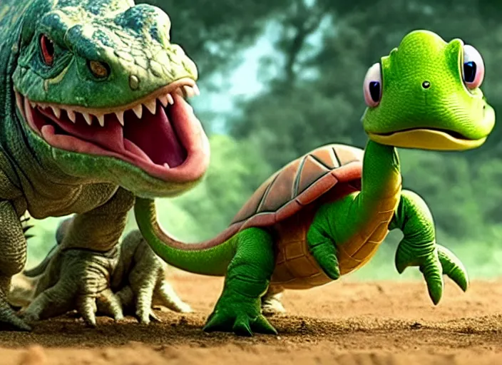 Image similar to film still of yoshi in the new sci - fi movie, cute upright dinosaur with a small turtle shell and long tongue, 8 k